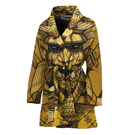 Gold Samurai Mask Print Women's Bathrobe
