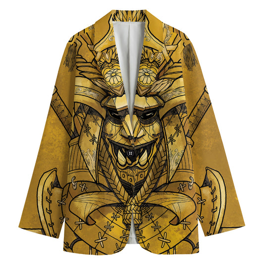 Gold Samurai Mask Print Women's Blazer