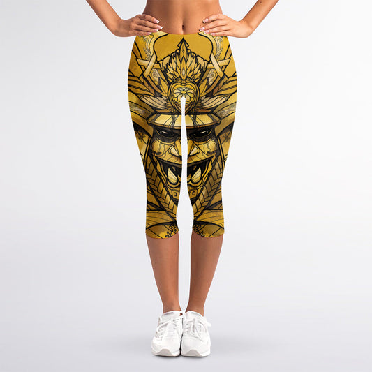 Gold Samurai Mask Print Women's Capri Leggings