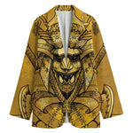 Gold Samurai Mask Print Women's Cotton Blazer