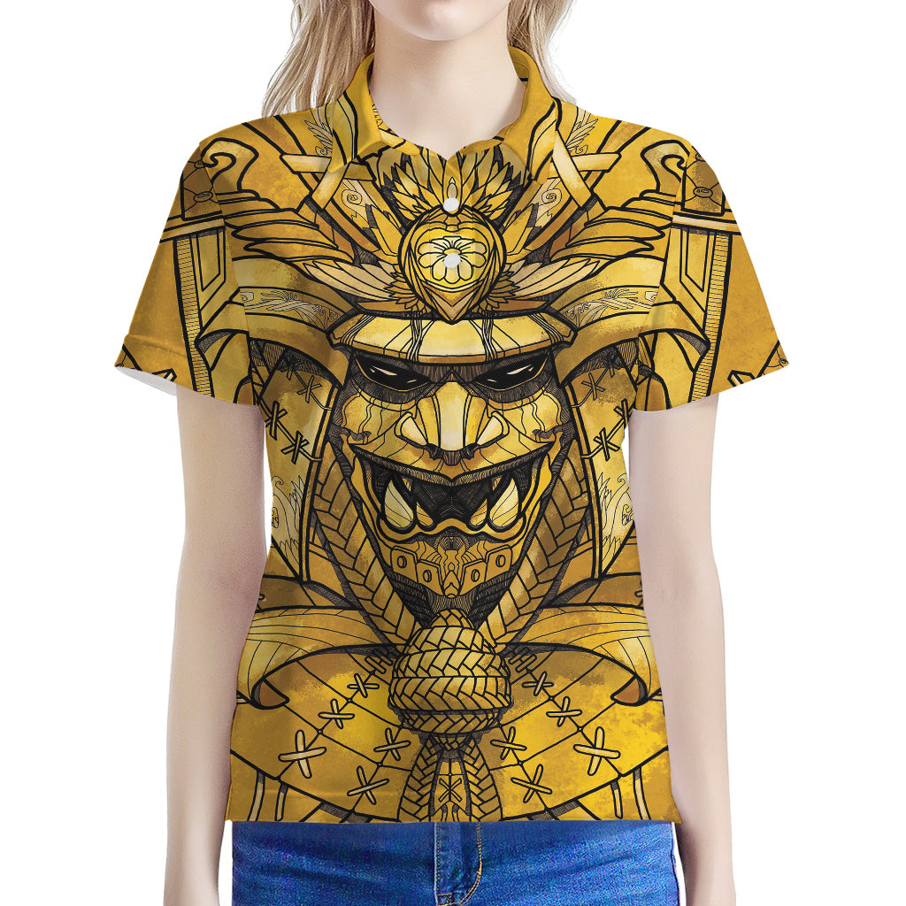 Gold Samurai Mask Print Women's Polo Shirt
