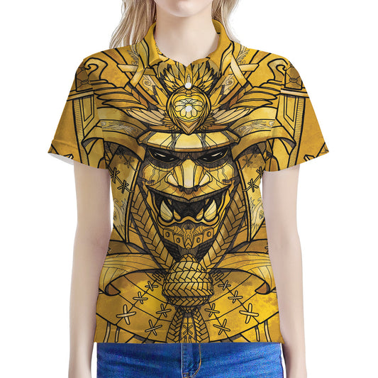 Gold Samurai Mask Print Women's Polo Shirt