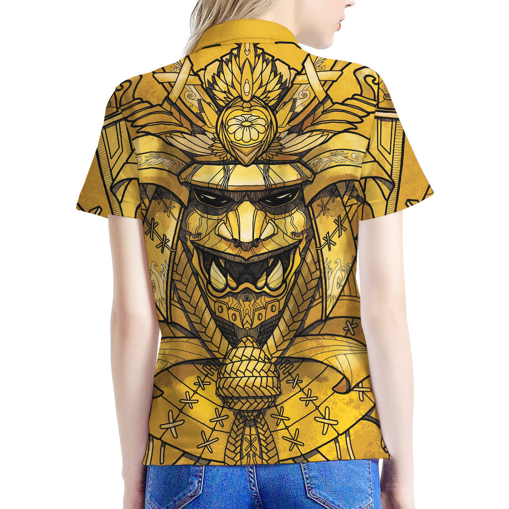 Gold Samurai Mask Print Women's Polo Shirt