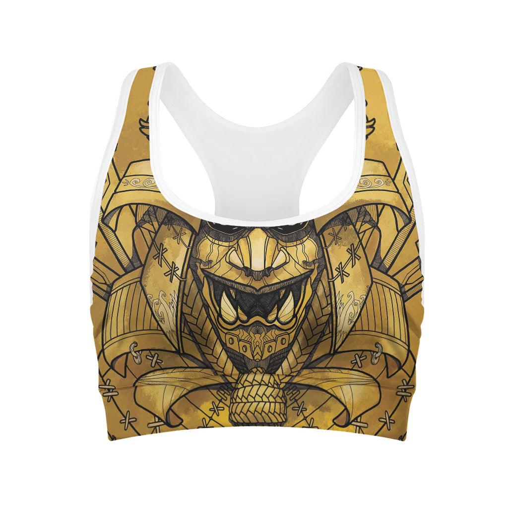 Gold Samurai Mask Print Women's Sports Bra