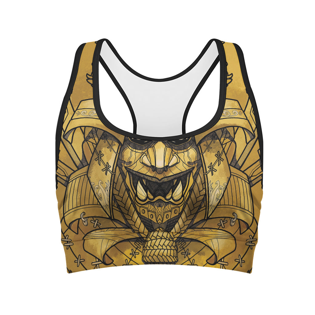 Gold Samurai Mask Print Women's Sports Bra