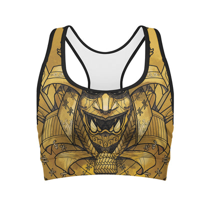 Gold Samurai Mask Print Women's Sports Bra