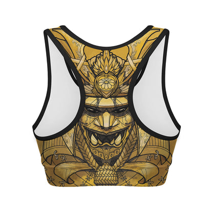 Gold Samurai Mask Print Women's Sports Bra