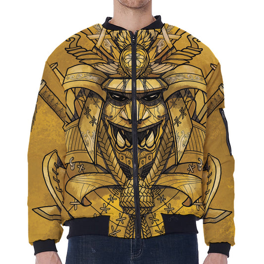Gold Samurai Mask Print Zip Sleeve Bomber Jacket
