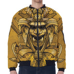 Gold Samurai Mask Print Zip Sleeve Bomber Jacket