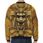 Gold Samurai Mask Print Zip Sleeve Bomber Jacket