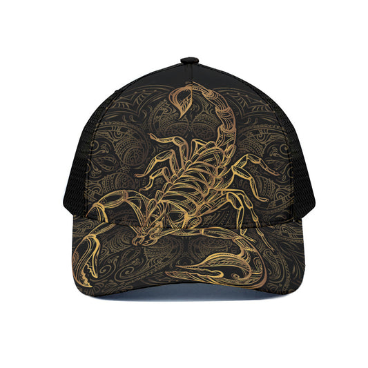 Gold Scorpio Print Black Mesh Trucker Cap