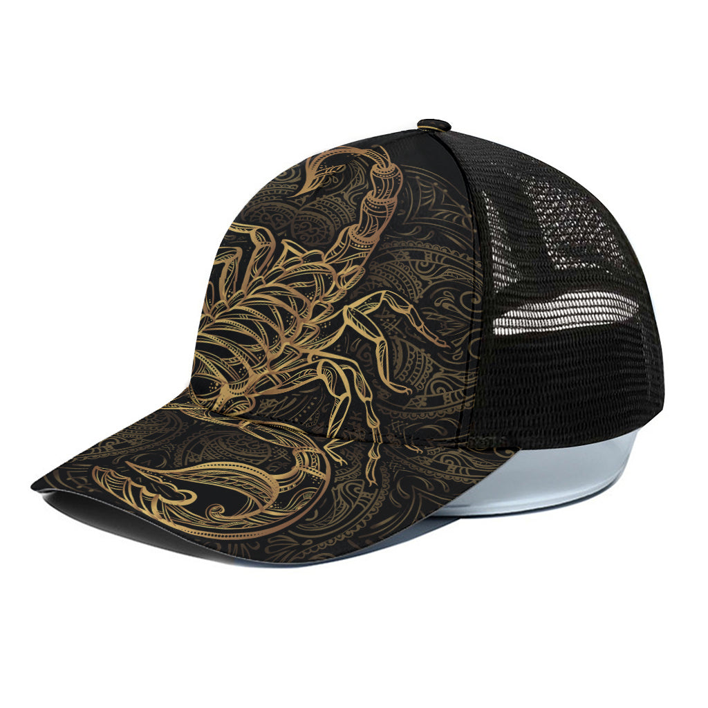 Gold Scorpio Print Black Mesh Trucker Cap