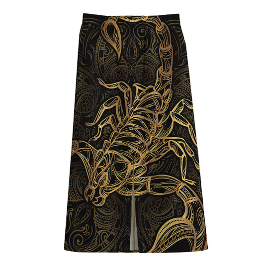 Gold Scorpio Print Cotton Front Slit Maxi Skirt