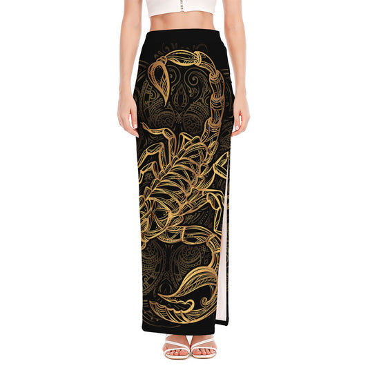 Gold Scorpio Print High Slit Maxi Skirt