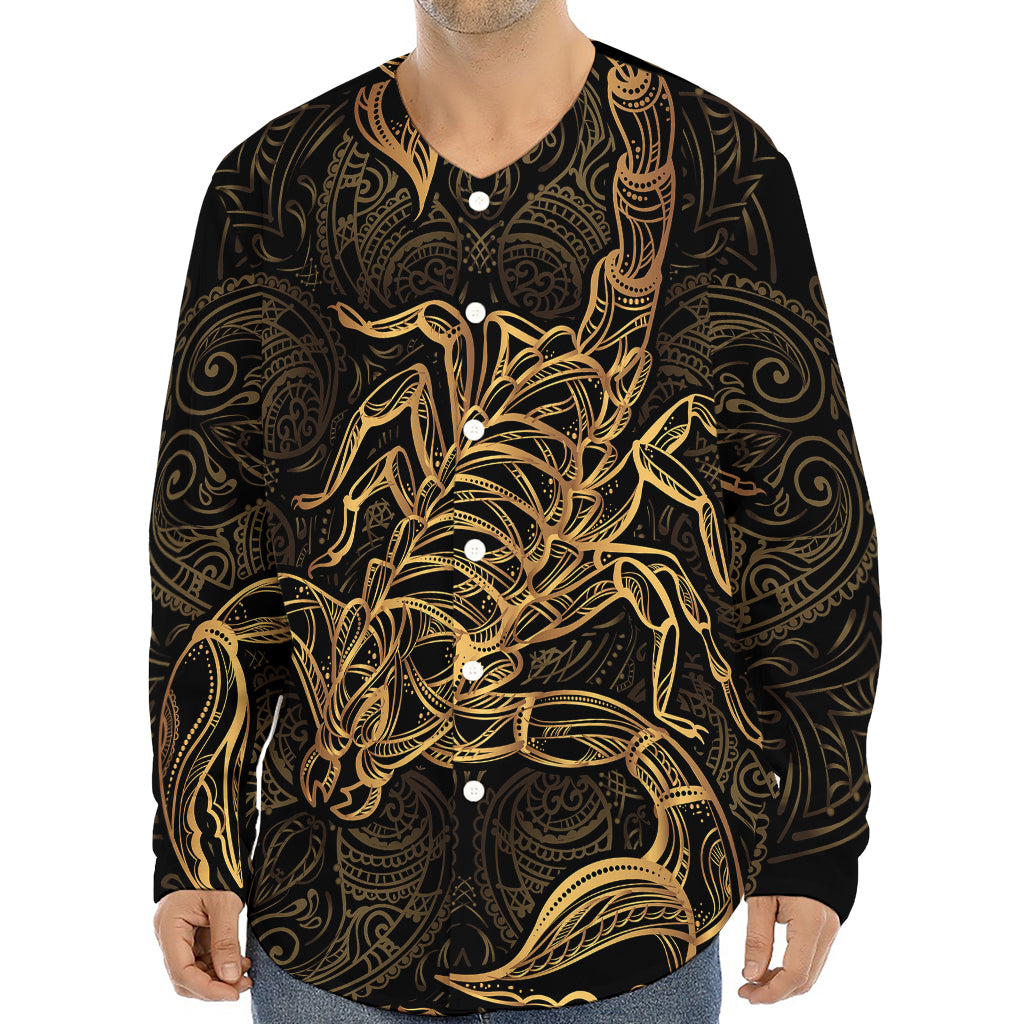 Gold Scorpio Print Long Sleeve Baseball Jersey