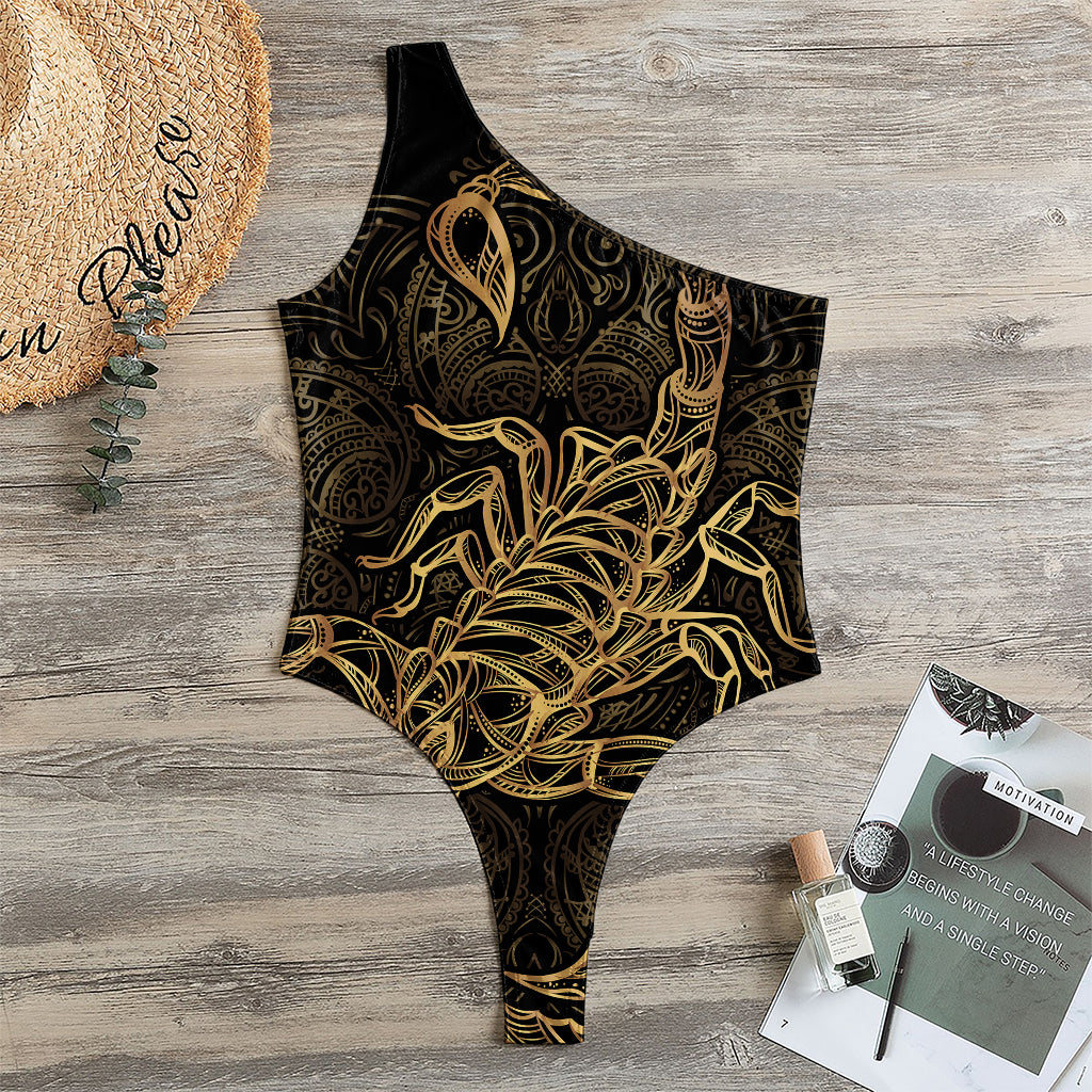 Gold Scorpio Print One Shoulder Bodysuit