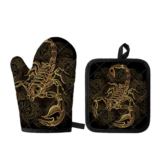 Gold Scorpio Print Oven Mitt And Pot Holder Set