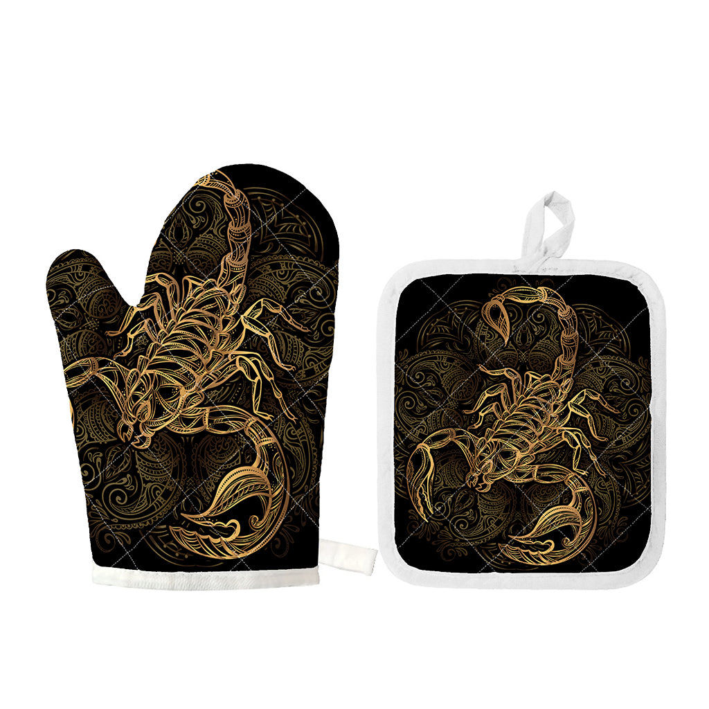 Gold Scorpio Print Oven Mitt And Pot Holder Set