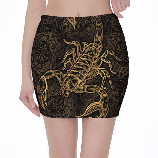 Gold Scorpio Print Pencil Mini Skirt