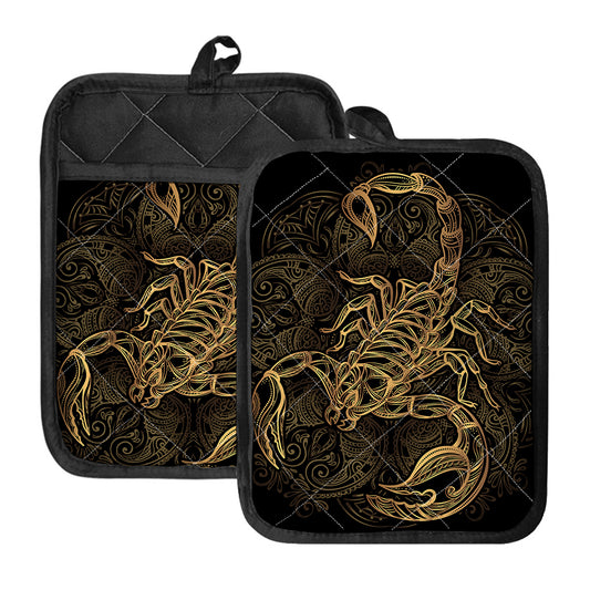 Gold Scorpio Print Pot Holders With Pocket