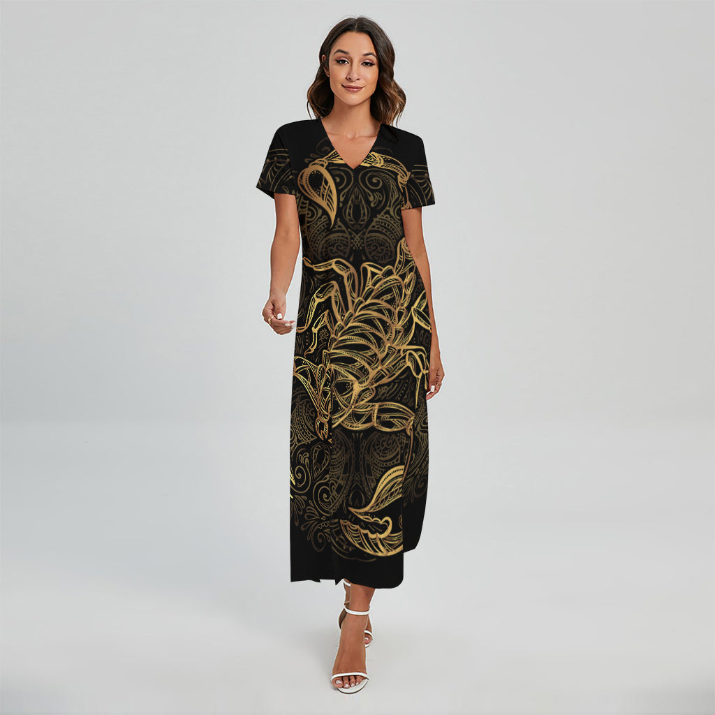 Gold Scorpio Print Short Sleeve Maxi Dress