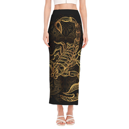 Gold Scorpio Print Side Slit Maxi Skirt