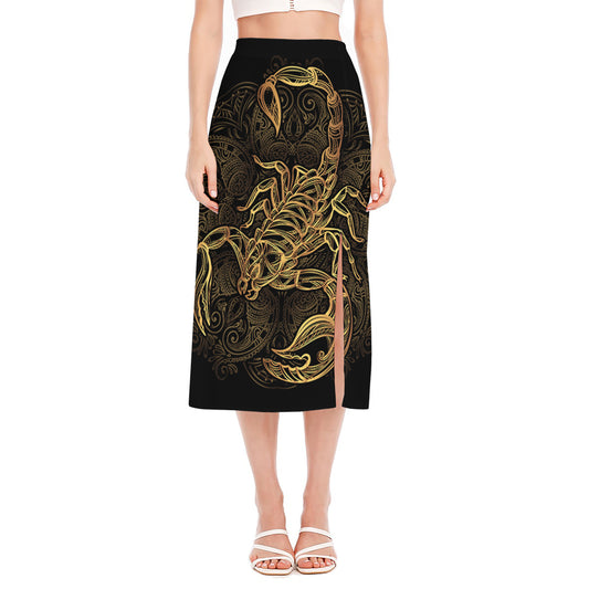 Gold Scorpio Print Side Slit Midi Skirt