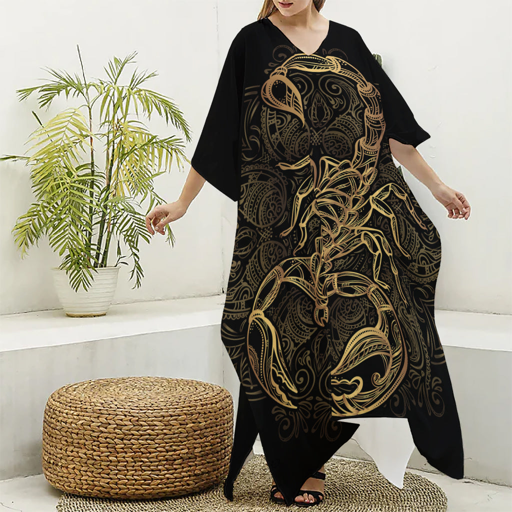 Gold Scorpio Print Silk V-Neck Kaftan Dress