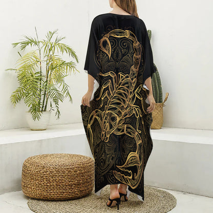 Gold Scorpio Print Silk V-Neck Kaftan Dress