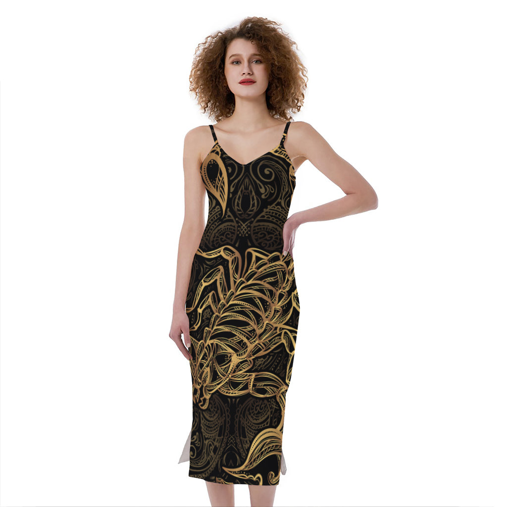 Gold Scorpio Print Slim Fit Midi Cami Dress