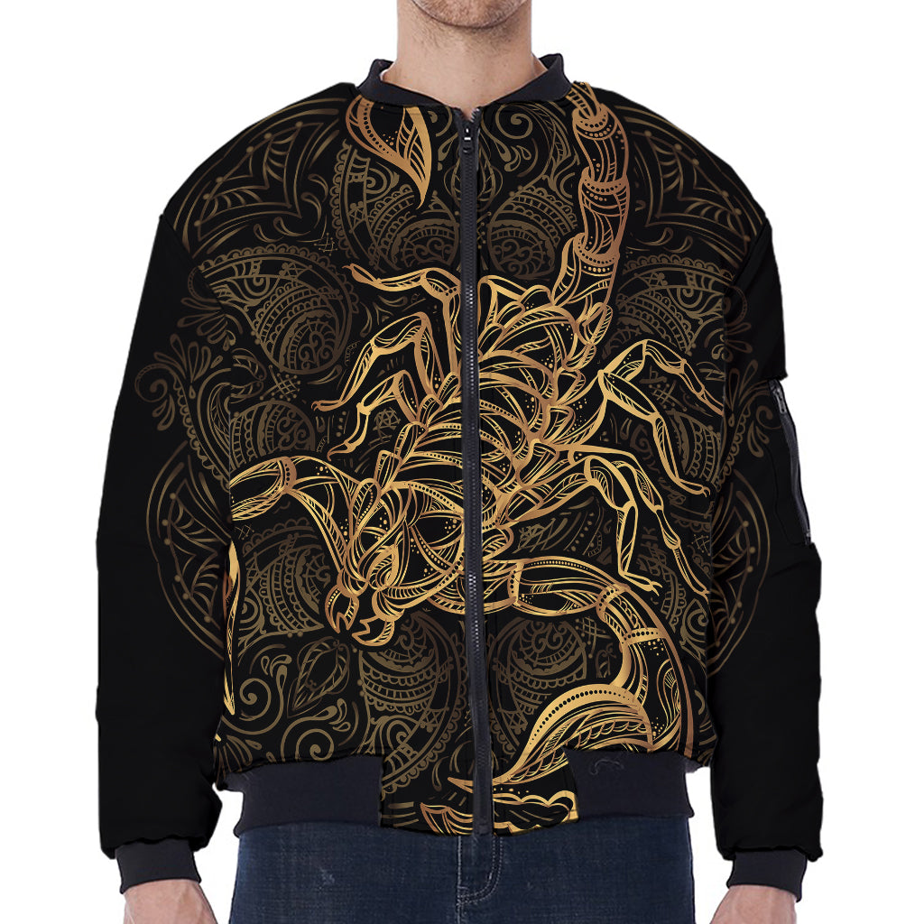 Gold Scorpio Print Zip Sleeve Bomber Jacket