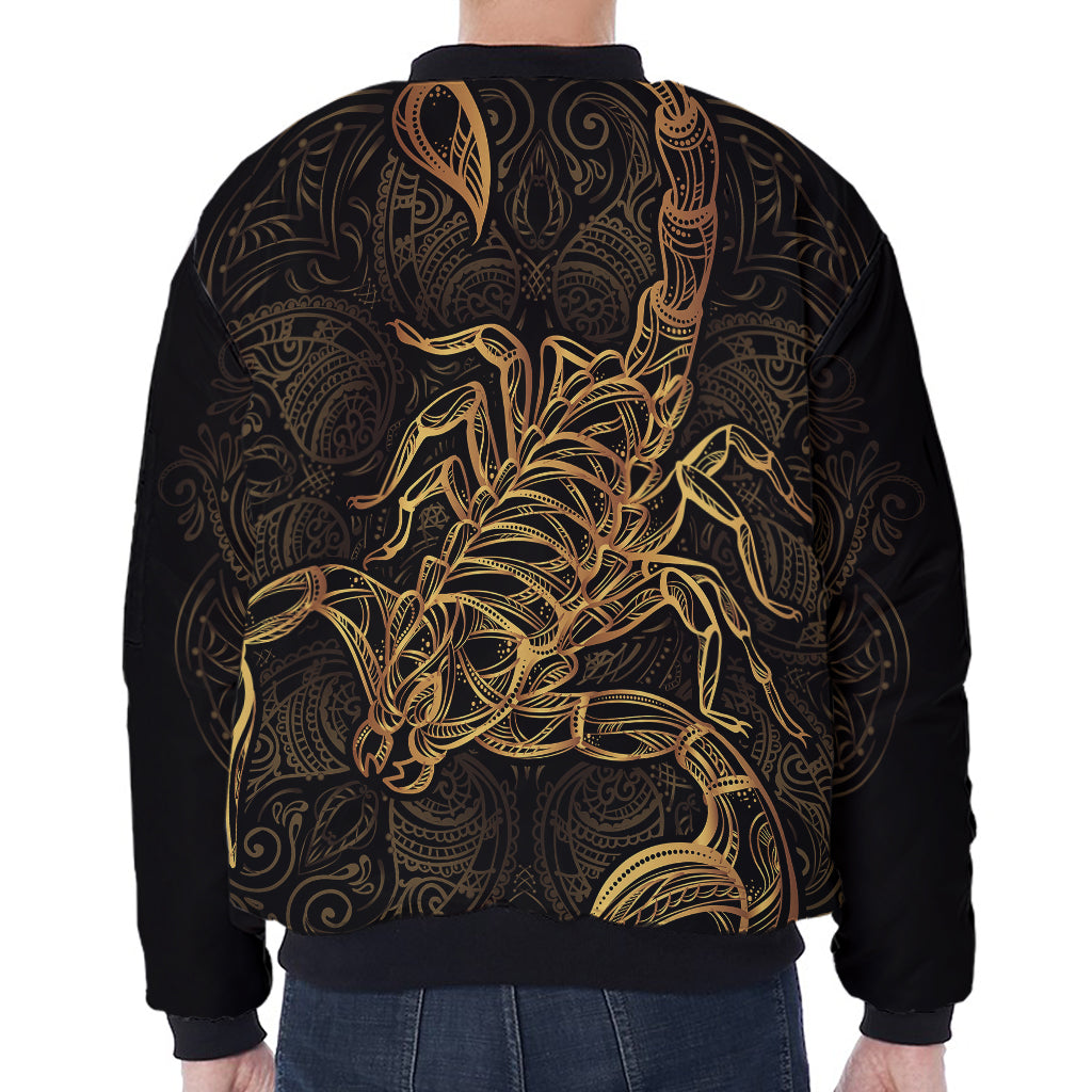 Gold Scorpio Print Zip Sleeve Bomber Jacket