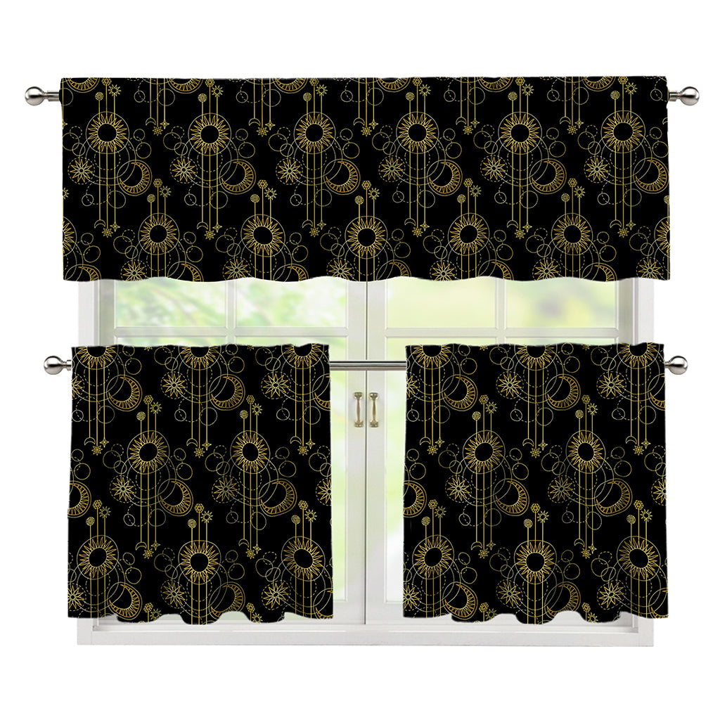 Gold Sun And Moon Pattern Print 3 Piece Kitchen Curtains