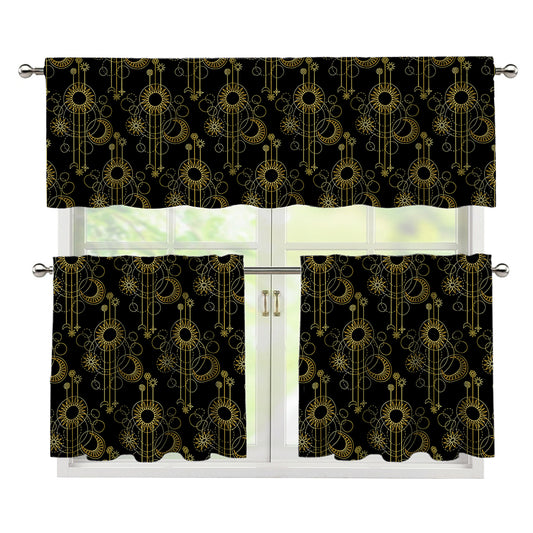Gold Sun And Moon Pattern Print 3 Piece Kitchen Curtains