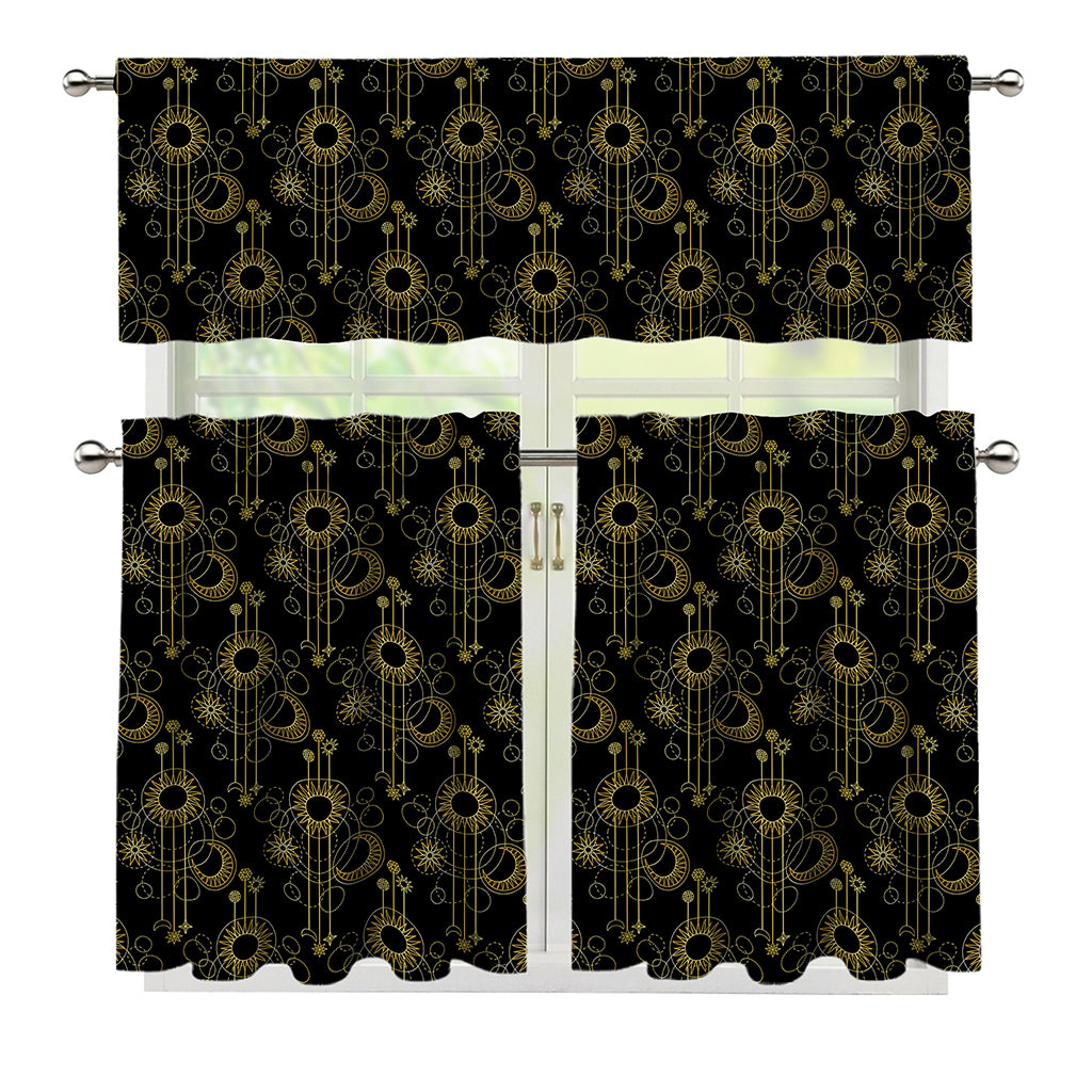 Gold Sun And Moon Pattern Print 3 Piece Kitchen Curtains