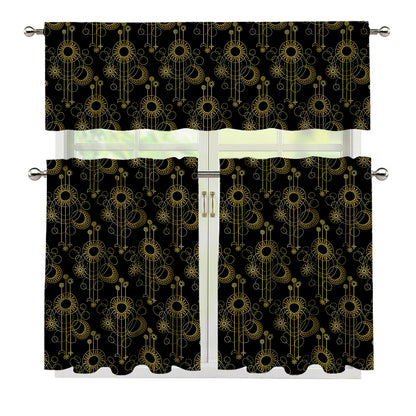 Gold Sun And Moon Pattern Print 3 Piece Kitchen Curtains
