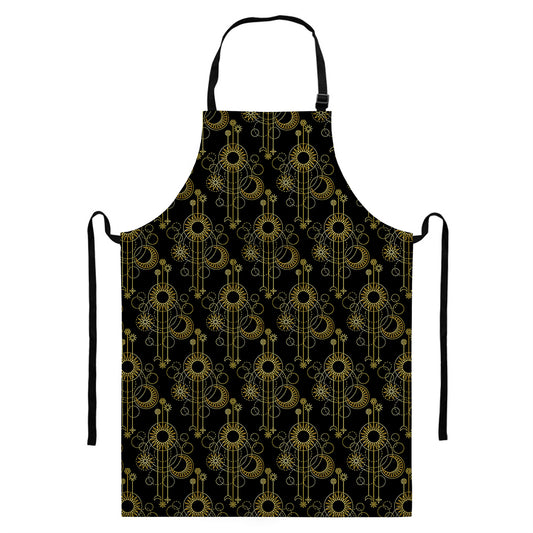 Gold Sun And Moon Pattern Print Bib Apron With Pocket