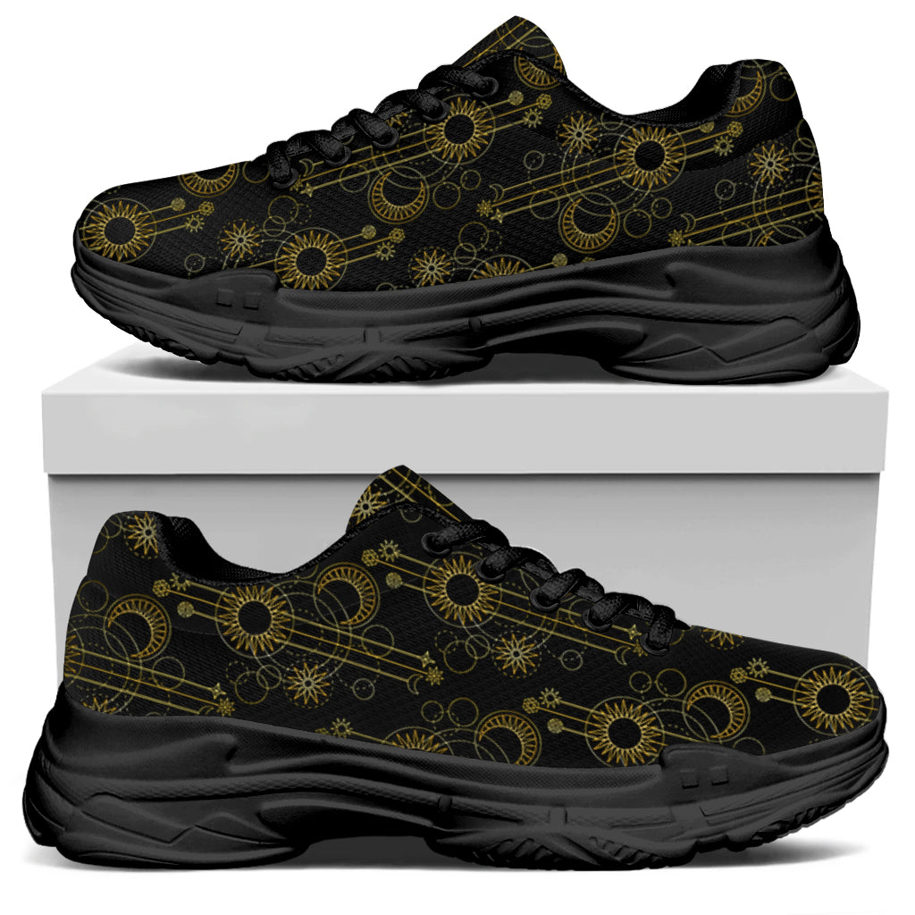 Gold Sun And Moon Pattern Print Black Chunky Shoes