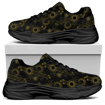 Gold Sun And Moon Pattern Print Black Chunky Shoes