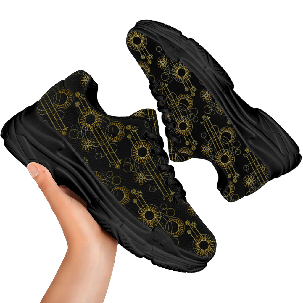 Gold Sun And Moon Pattern Print Black Chunky Shoes