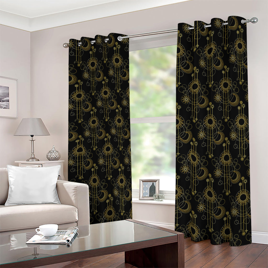 Gold Sun And Moon Pattern Print Blackout Grommet Curtains
