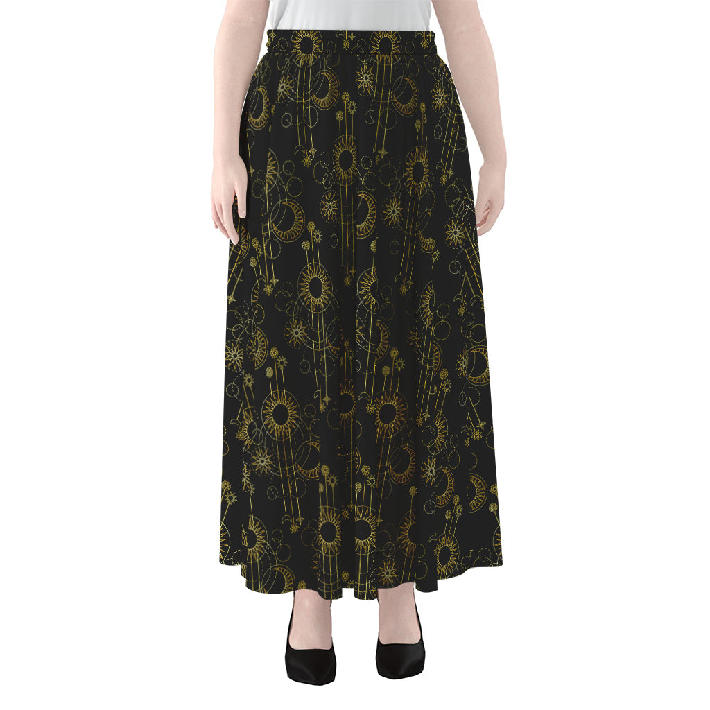 Gold Sun And Moon Pattern Print Chiffon Maxi Skirt
