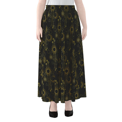 Gold Sun And Moon Pattern Print Chiffon Maxi Skirt