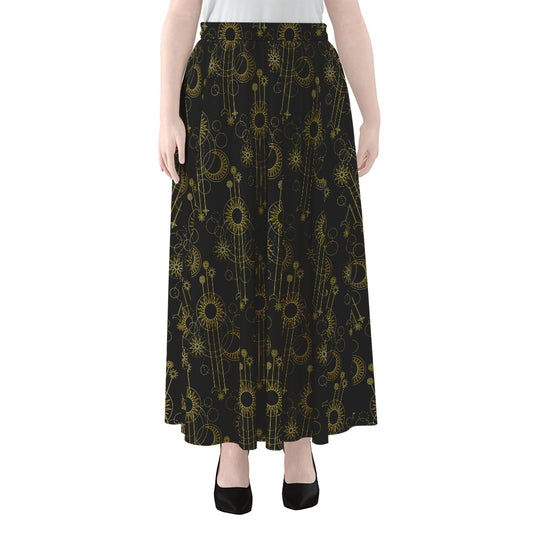 Gold Sun And Moon Pattern Print Chiffon Maxi Skirt