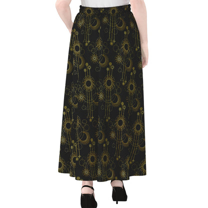 Gold Sun And Moon Pattern Print Chiffon Maxi Skirt