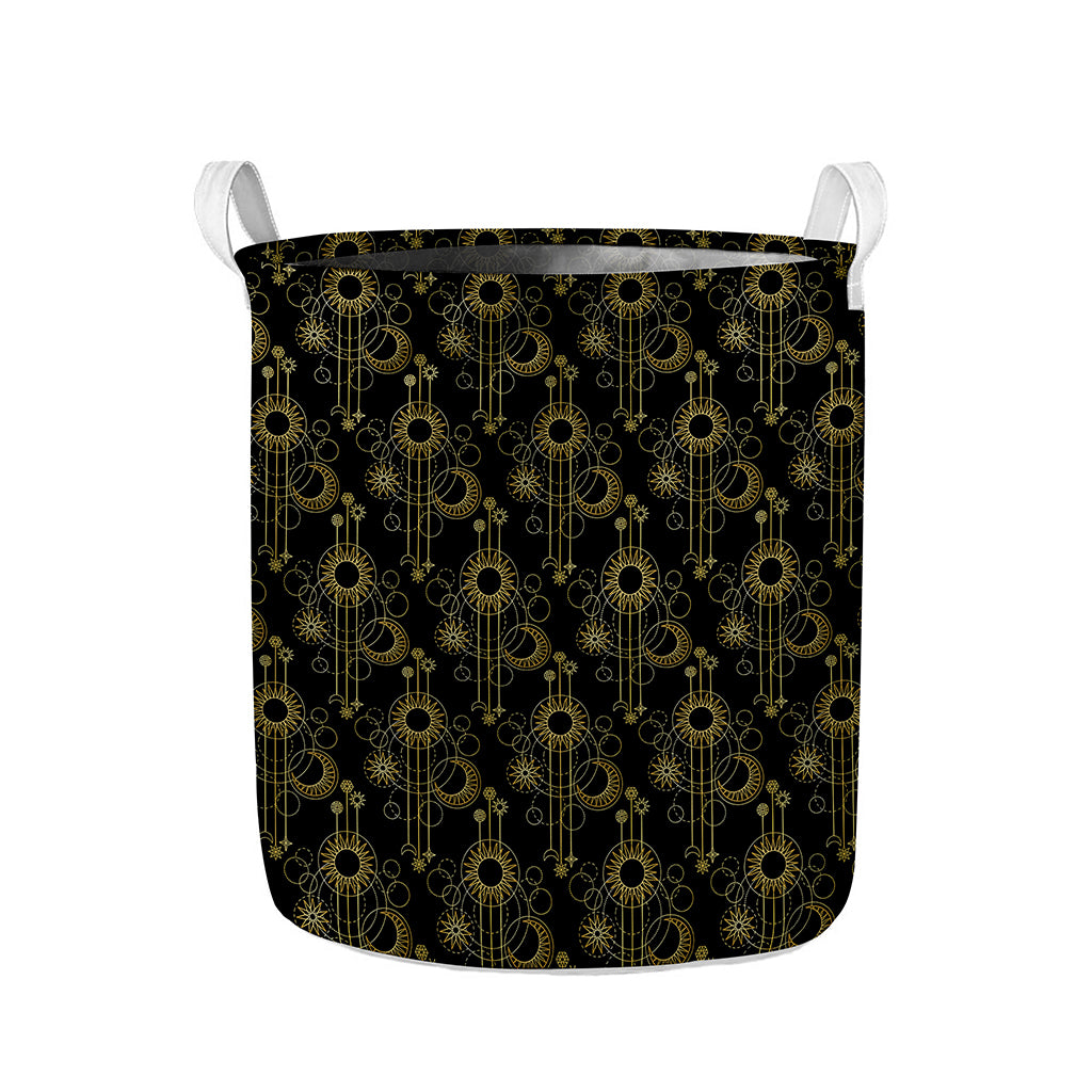Gold Sun And Moon Pattern Print Collapsible Laundry Basket