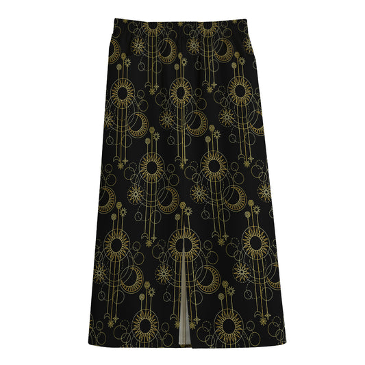 Gold Sun And Moon Pattern Print Cotton Front Slit Maxi Skirt