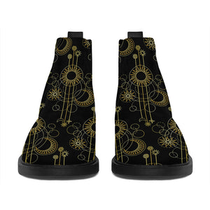 Gold Sun And Moon Pattern Print Flat Ankle Boots