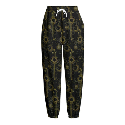 Gold Sun And Moon Pattern Print Fleece Lined Knit Pants
