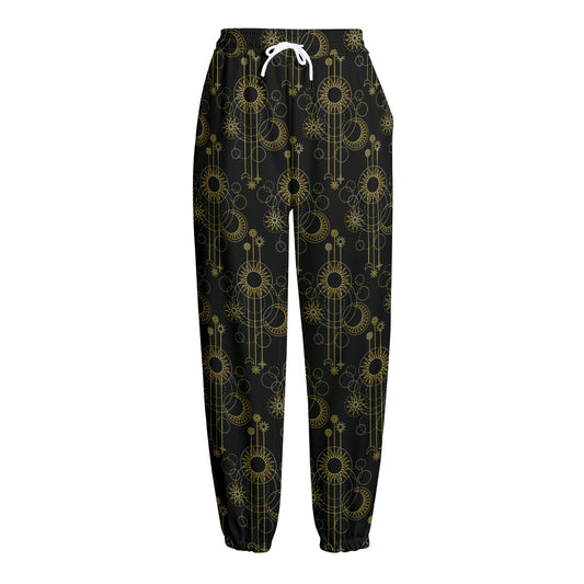Gold Sun And Moon Pattern Print Fleece Lined Knit Pants